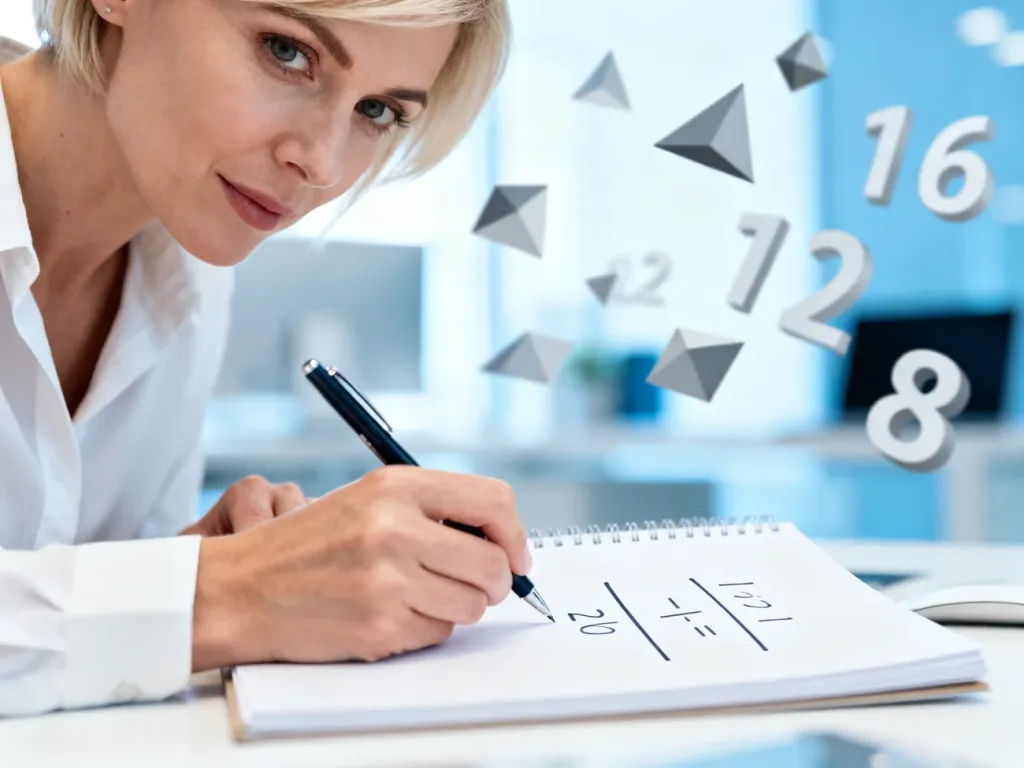 Kobieta zapisująca ułamki matematyczne w notatniku, co ilustruje naukę liczb wymiernych w nowoczesnym otoczeniu.