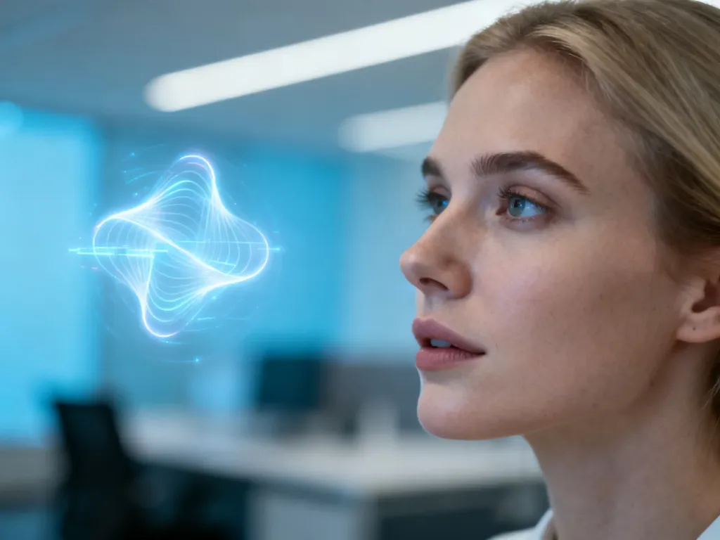 Kobieta zamyślona nad świecącym, holograficznym interfejsem w nowoczesnym biurze, symbolizująca pracę z technologią.