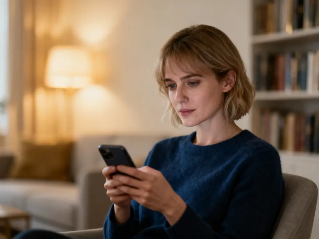 Zamyślona kobieta przeglądająca smartfon w przytulnym salonie, ilustrująca temat relacji i randkowania.
