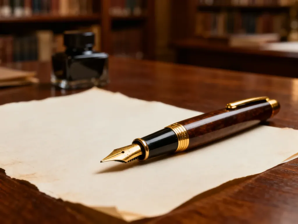 Eleganckie pióro wieczne spoczywające na papierze, nawiązujące do tradycji ręcznego pisania listów i postscriptum.