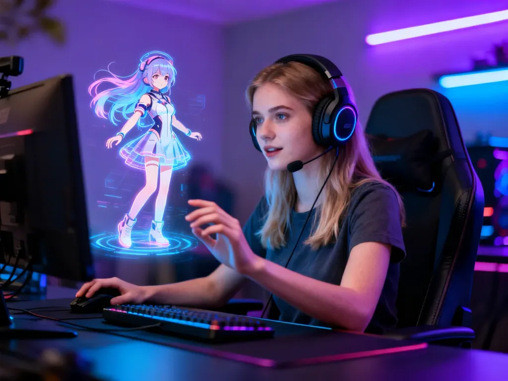 Młoda streamerka przy biurku wchodzi w interakcję z cyfrowym awatarem w stylu anime, korzystając z profesjonalnego sprzętu.