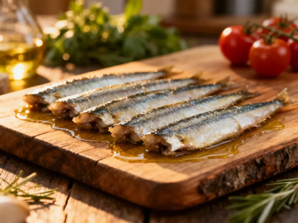 Słone filety anchois ułożone na drewnianej desce w otoczeniu świeżych ziół i oliwy, podkreślające ich kulinarne zastosowanie.