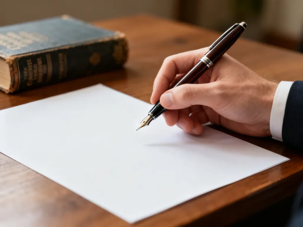 Osoba trzymająca pióro nad czystą kartką papieru, zastanawiająca się nad poprawnym zapisem słów.