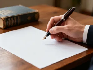 Mężczyzna z dłonią na piersi w bibliotece, wyrażający skruchę i przyznanie się do błędu.