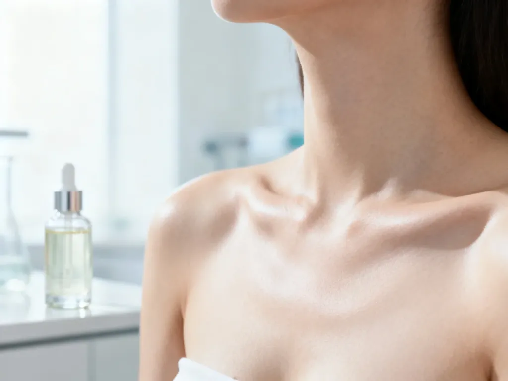 Zdrowa i gładka skóra dekoltu w jasnym, minimalistycznym otoczeniu gabinetu dermatologicznego.