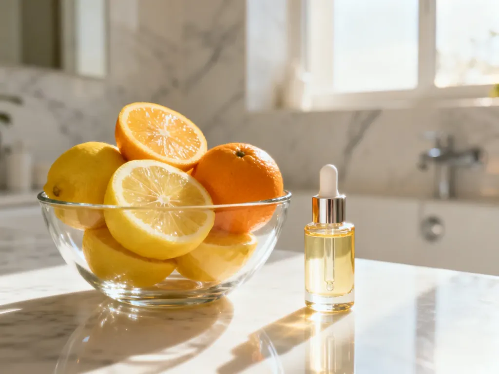 Szklana miska z cytrusami i serum w buteleczce z pipetą, podkreślające naturalne składniki kwasów złuszczających.