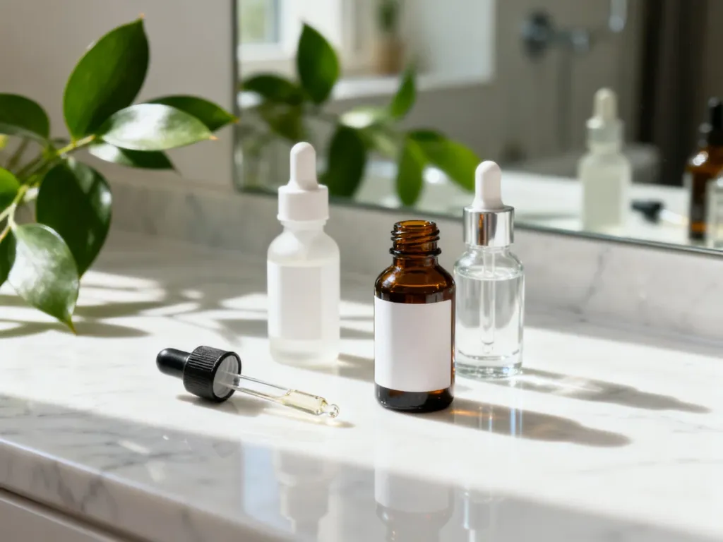 Szklane buteleczki z serum do pielęgnacji cery ustawione na marmurowym blacie w jasnym, nowoczesnym wnętrzu.