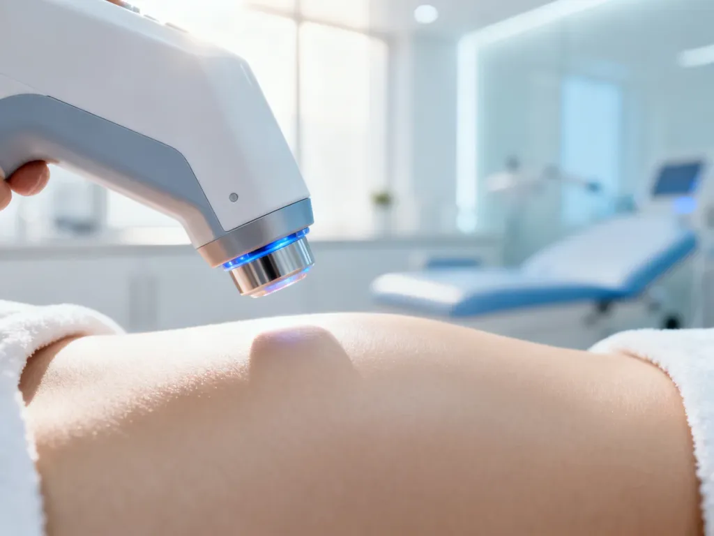 Głowica lasera kosmetycznego nad gładką skórą, ilustrująca profesjonalny zabieg usuwania przebarwień w gabinecie dermatologicznym.