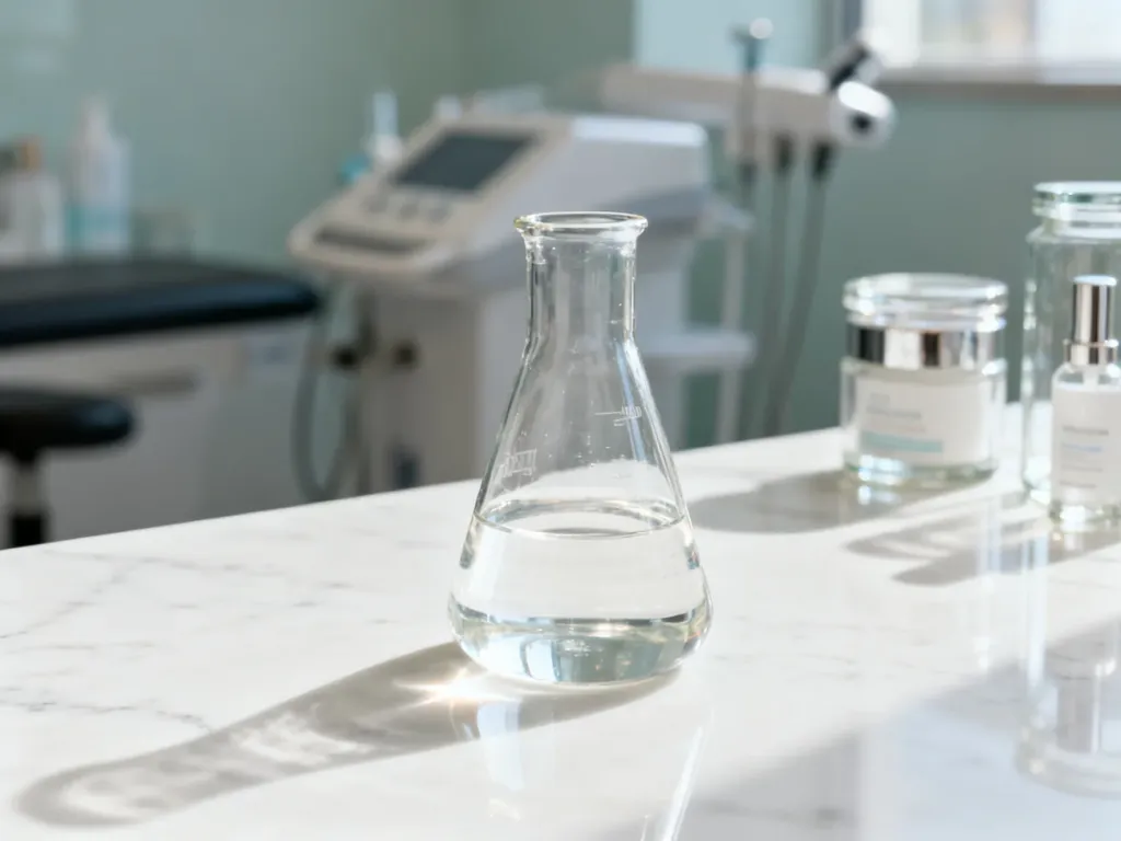 Szklana zlewka z roztworem chemicznym na sterylnym stole w gabinecie medycyny estetycznej.