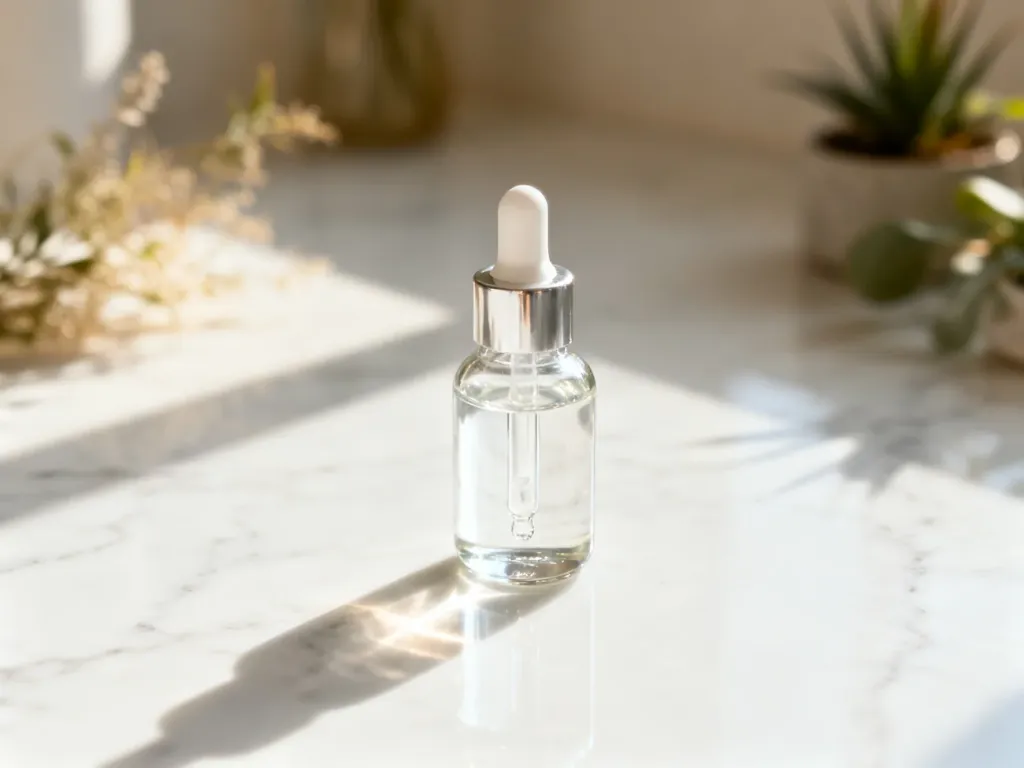 Szklana buteleczka z serum z kwasem hialuronowym na marmurowym blacie w estetycznym, minimalistycznym wnętrzu.