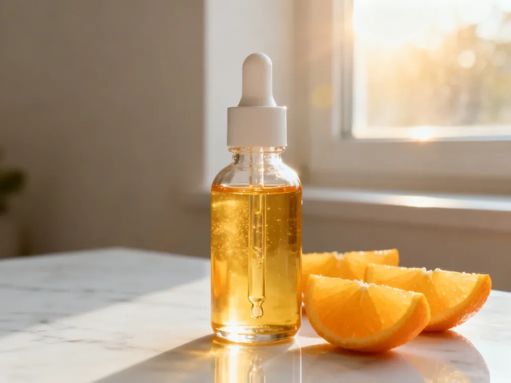Minimalistyczna buteleczka serum z witaminą C na marmurowym blacie w otoczeniu świeżych plastrów pomarańczy w promieniach słońca.