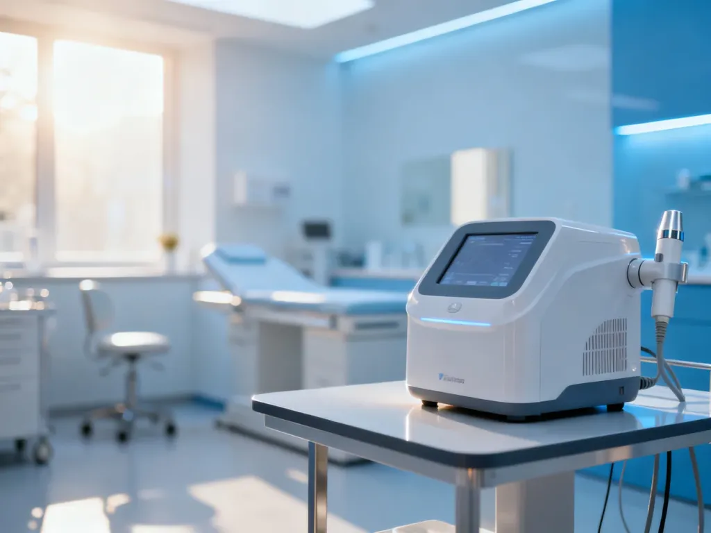 Nowoczesne urządzenie laserowe w profesjonalnym gabinecie medycyny estetycznej, gotowe do zabiegu usuwania przebarwień.
