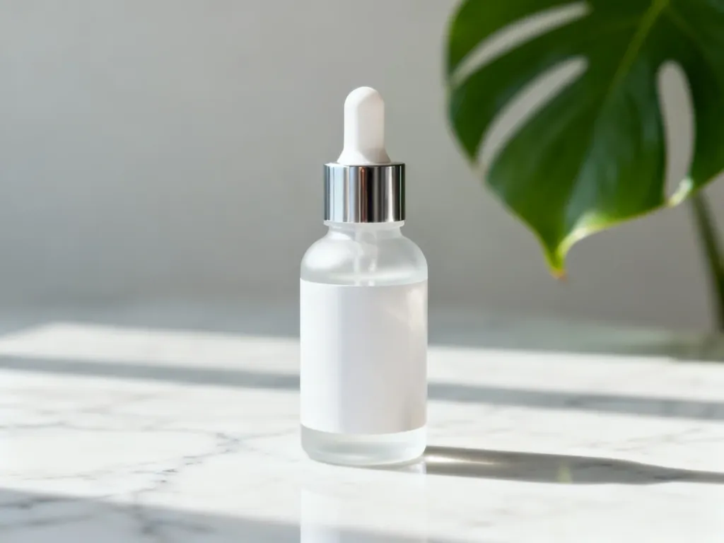 Elegancka buteleczka z serum z pipetą na marmurowym blacie, podkreślająca profesjonalną pielęgnację skóry z retinolem.