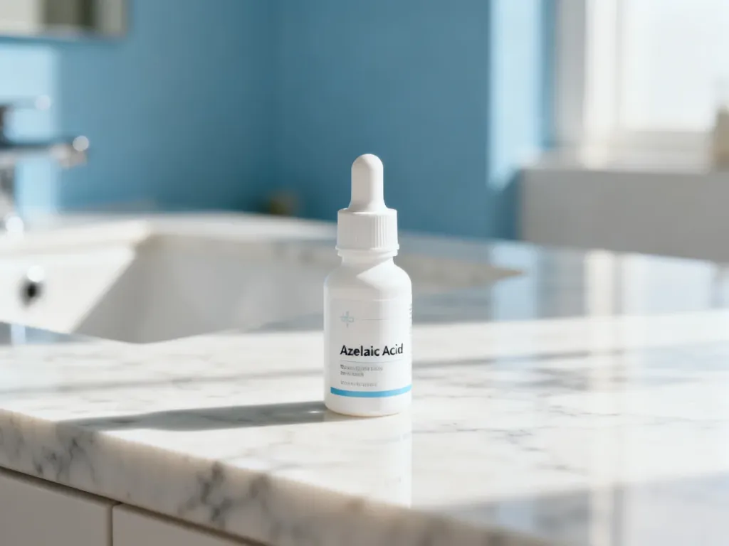 Elegancka buteleczka serum z kwasem azelainowym na marmurowym blacie, prezentująca produkt do pielęgnacji cery z trądzikiem.