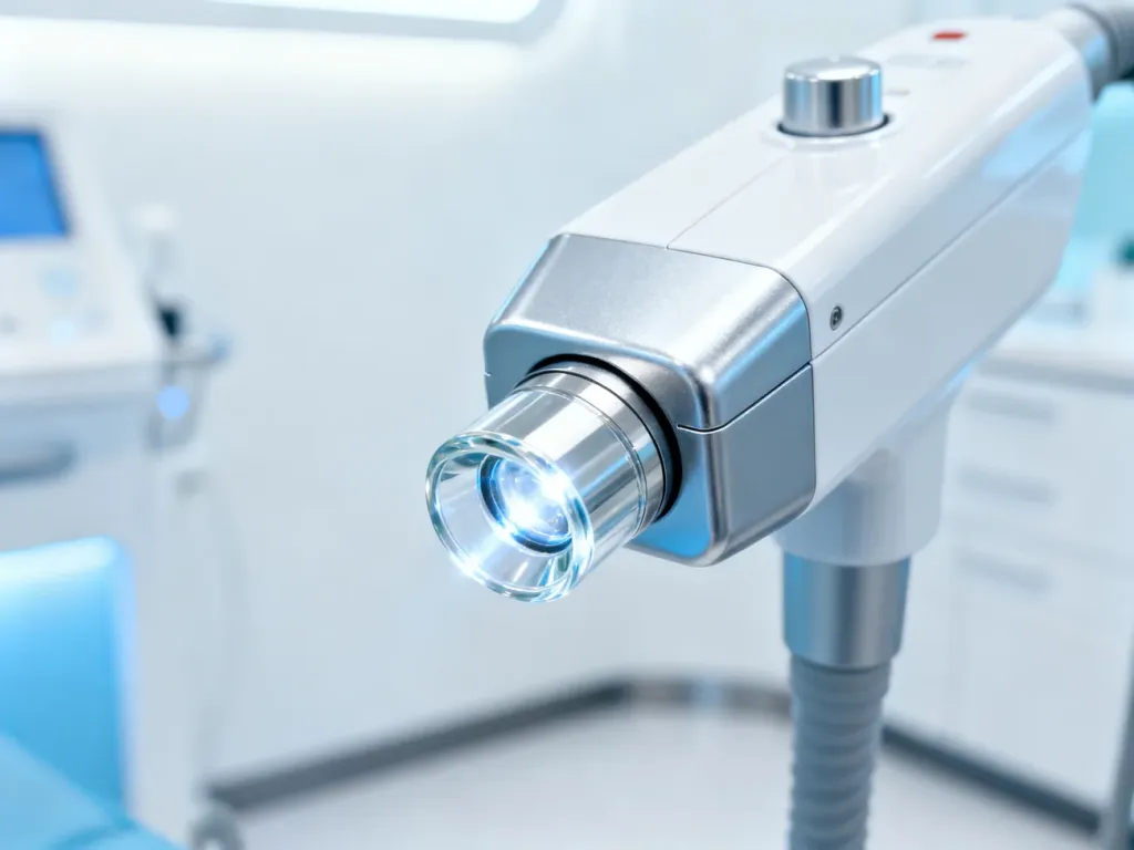 Głowica profesjonalnego lasera medycznego w nowoczesnym gabinecie dermatologicznym, gotowa do zabiegu usuwania rumienia.