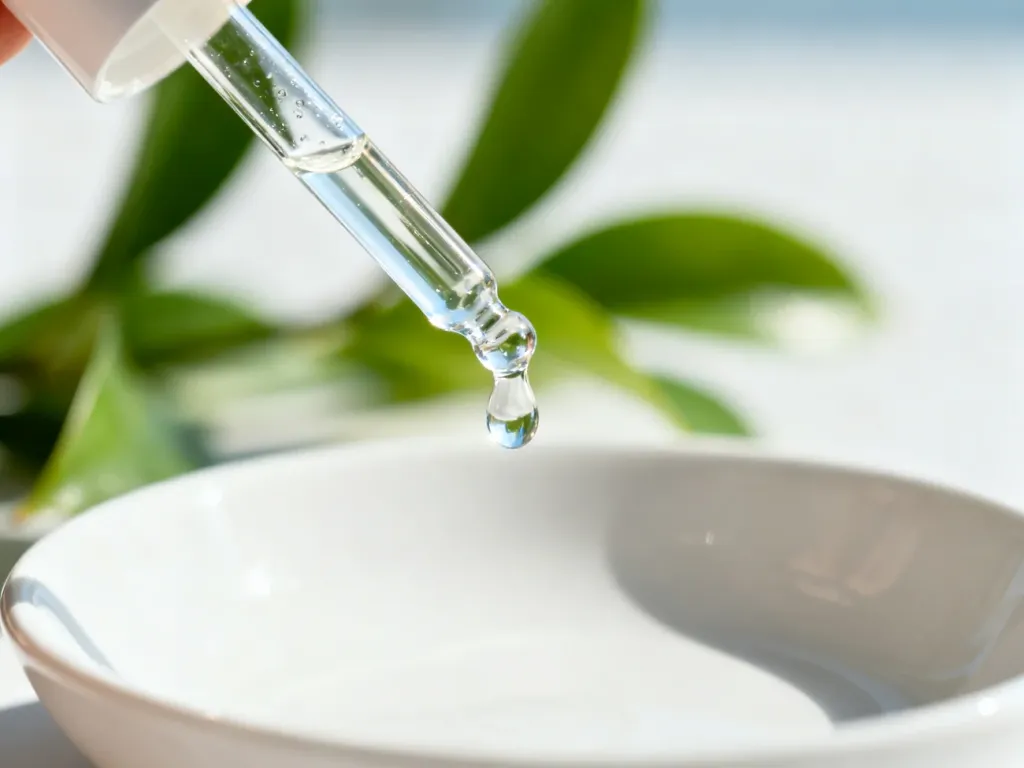 Kropla przezroczystego serum wydobywająca się z pipety na tle roślin, podkreślająca naturalny skład produktu do pielęgnacji.
