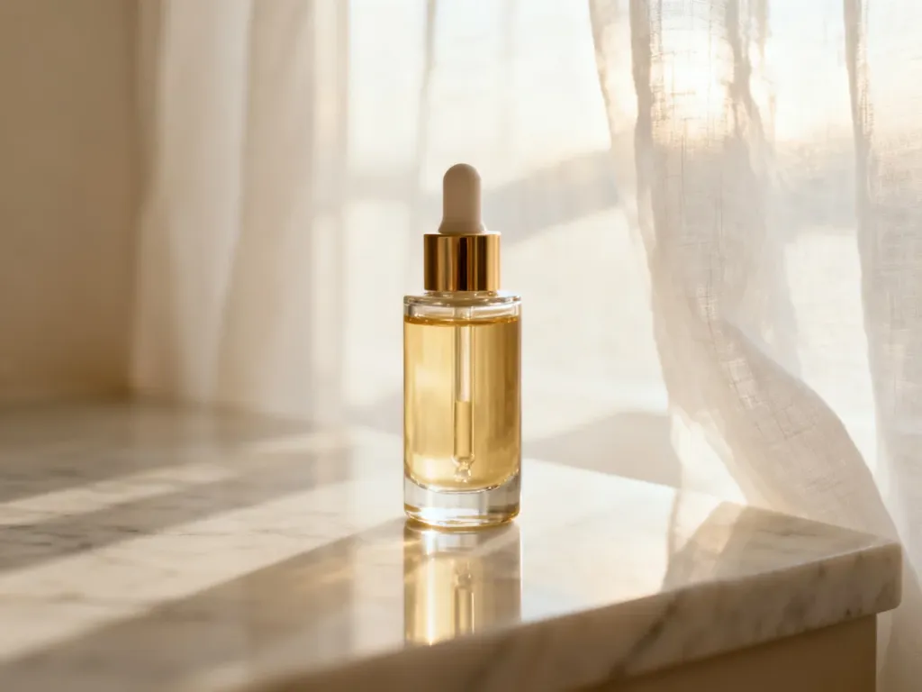 Luksusowe serum do twarzy na marmurowym blacie w jasnym, kojącym wnętrzu, podkreślające elegancję pielęgnacji cery dojrzałej.
