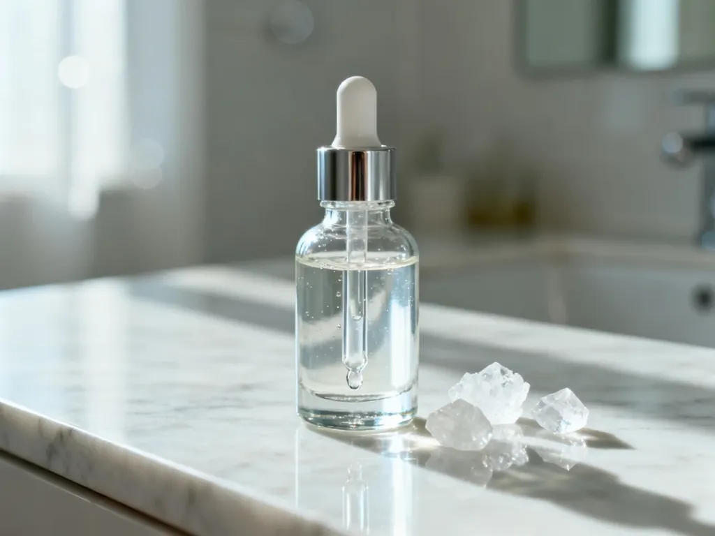 Szklana buteleczka z serum z kwasem kojowym oraz rozsypane kryształki preparatu na marmurowym blacie.