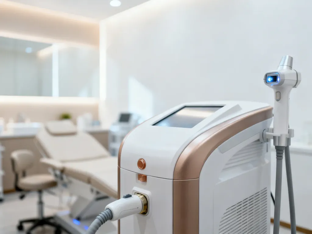 Nowoczesny laser dermatologiczny w profesjonalnym gabinecie medycznym, gotowy do zabiegu usuwania blizn potrądzikowych.