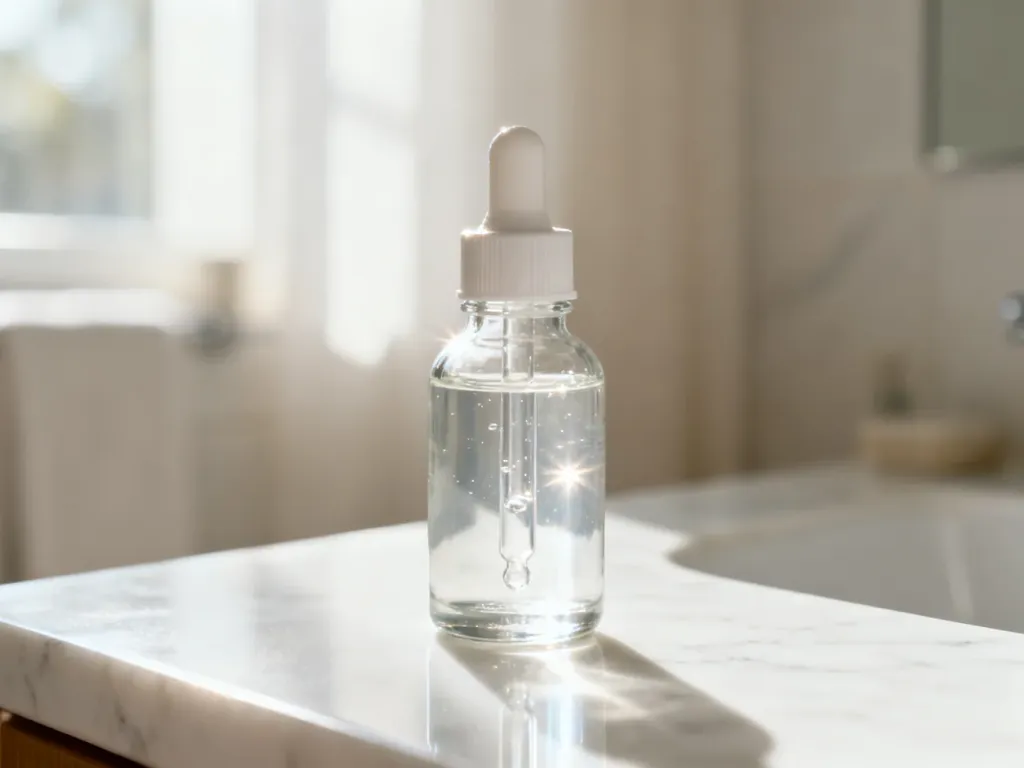 Szklana buteleczka z serum z kwasem glikolowym na marmurowym blacie, podkreślająca profesjonalną pielęgnację skóry.