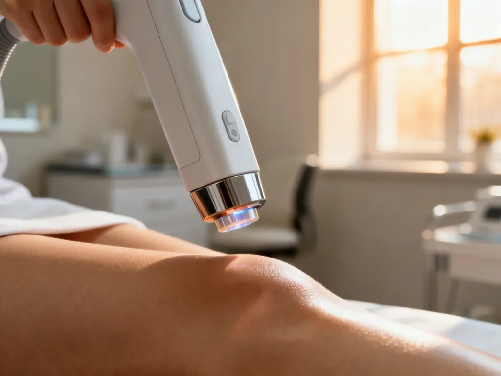 Głowica nowoczesnego lasera medycznego nad gładką skórą, ilustrująca profesjonalny zabieg usuwania przebarwień.