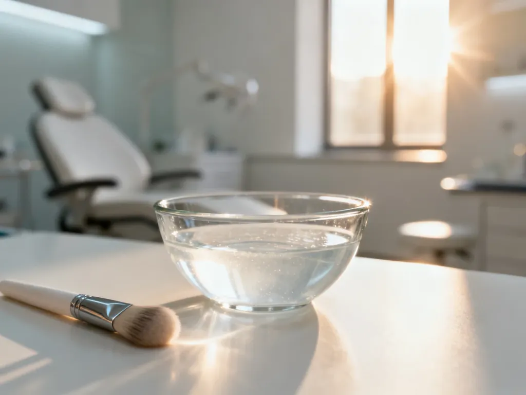 Szklana miseczka z roztworem do peelingu chemicznego i pędzelkiem w profesjonalnym gabinecie dermatologicznym.