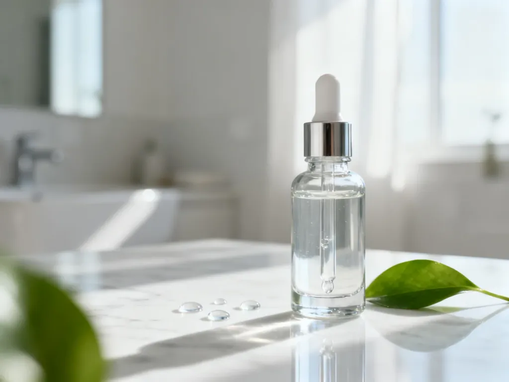 Elegancka buteleczka serum na marmurowym blacie w jasnej łazience, podkreślająca świeżość i profesjonalną pielęgnację skóry.