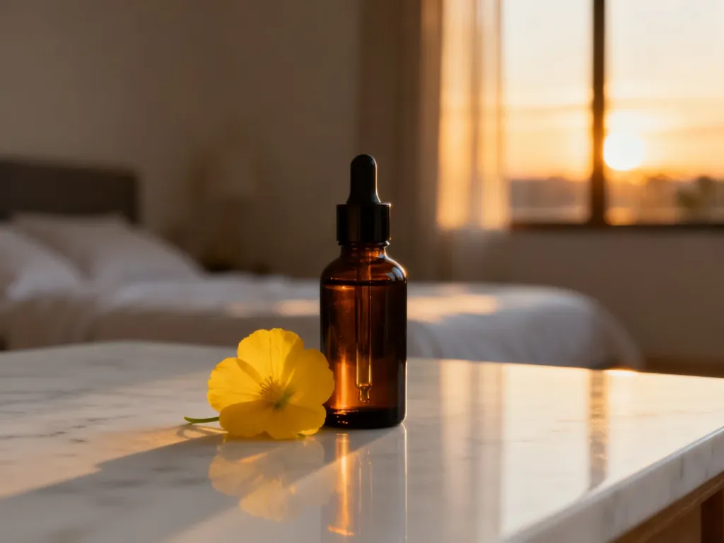 Elegancka butelka serum z retinolem na marmurowym blacie w wieczornym świetle, podkreślająca nocną pielęgnację skóry.