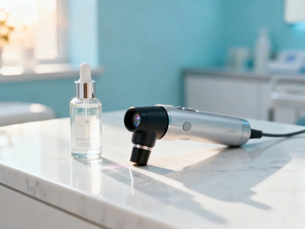 Profesjonalny dermatoskop i serum do pielęgnacji skóry na marmurowym blacie w nowoczesnym gabinecie dermatologicznym.