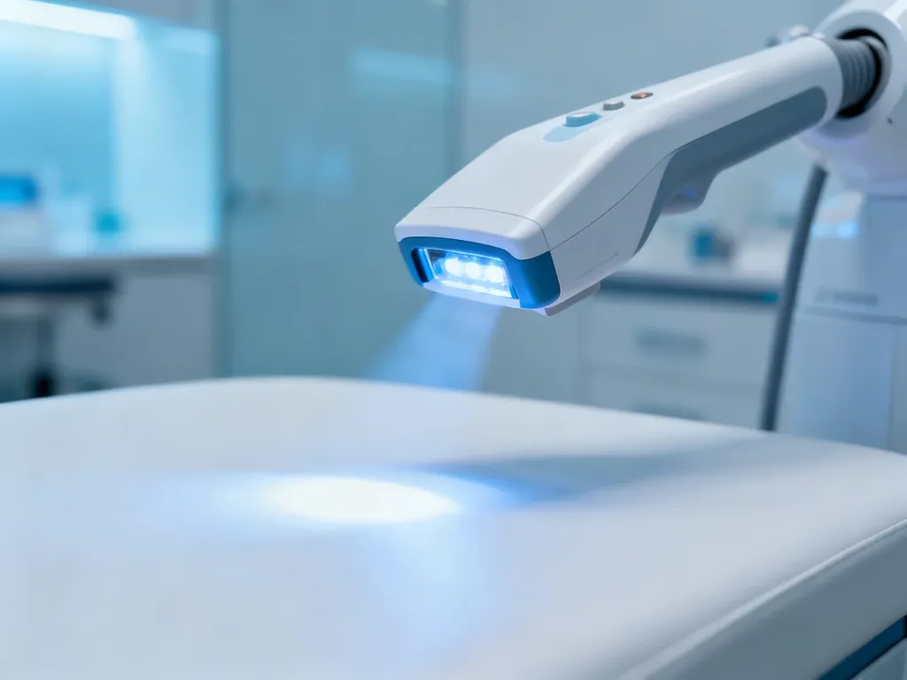Głowica profesjonalnego lasera medycznego emitująca precyzyjną wiązkę światła w sterylnym gabinecie medycyny estetycznej.