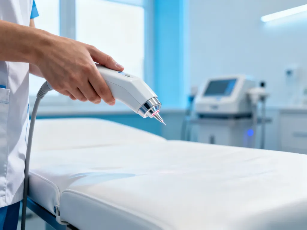 Głowica lasera frakcyjnego nad profesjonalnym łóżkiem zabiegowym w klinice medycyny estetycznej.